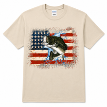 Load image into Gallery viewer, Patriotic Bass Fishing T-Shirt | American Flag Largemouth Bass Graphic Tee | USA Fisherman Gift