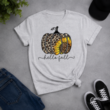 Load image into Gallery viewer, Hello Fall leopard pumpkin graphic tee with sunflower design