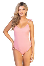 Load image into Gallery viewer, SOLID PINK FIBBED RUFFLE TRIM ONE PIECE SWIM