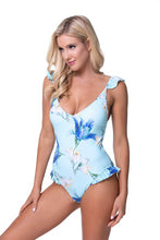 Load image into Gallery viewer, BLUE FLORAL RUFFLE TRIM ONE PIECE SWIMWEAR