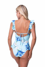 Load image into Gallery viewer, BLUE FLORAL RUFFLE TRIM ONE PIECE SWIMWEAR