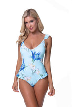 Load image into Gallery viewer, BLUE FLORAL RUFFLE TRIM ONE PIECE SWIMWEAR