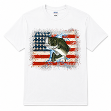 Load image into Gallery viewer, Patriotic Bass Fishing T-Shirt | American Flag Largemouth Bass Graphic Tee | USA Fisherman Gift