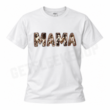 Load image into Gallery viewer, Cow print Mama graphic tee with brown and white western lettering