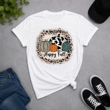 Load image into Gallery viewer, Happy Fall cow print pumpkin graphic tee with leopard and teal pumpkins