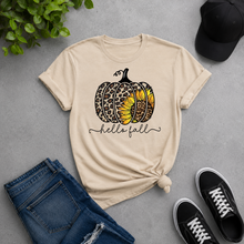 Load image into Gallery viewer, Hello Fall leopard pumpkin graphic tee with sunflower design