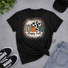 Load image into Gallery viewer, Happy Fall cow print pumpkin graphic tee with leopard and teal pumpkins