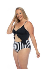Load image into Gallery viewer, BLACK AND STRIPED CUTOUT ONE PIECE SWIMSUIT