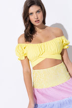 Load image into Gallery viewer, OFF SHOULDER PLEATED CROP TOP WITH BACK RIBBON TIE
