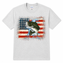 Load image into Gallery viewer, Patriotic Bass Fishing T-Shirt | American Flag Largemouth Bass Graphic Tee | USA Fisherman Gift

