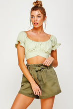 Load image into Gallery viewer, OFF SHOULDER PLEATED CROP TOP WITH BACK RIBBON TIE
