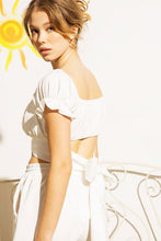 Load image into Gallery viewer, OFF SHOULDER PLEATED CROP TOP WITH BACK RIBBON TIE
