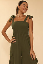 Load image into Gallery viewer, Smocked wide leg cargo jumpsuit
