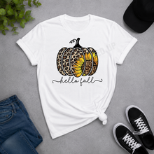 Load image into Gallery viewer, Hello Fall leopard pumpkin graphic tee with sunflower design
