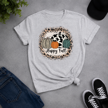 Load image into Gallery viewer, Happy Fall cow print pumpkin graphic tee with leopard and teal pumpkins
