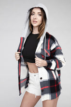 Load image into Gallery viewer, Plaid Drawstring Hooded Fleece Shacket
