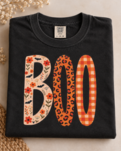 Load image into Gallery viewer, BOO Halloween Comfort Colors graphic tee with leopard floral and orange check lettering
