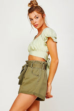 Load image into Gallery viewer, OFF SHOULDER PLEATED CROP TOP WITH BACK RIBBON TIE

