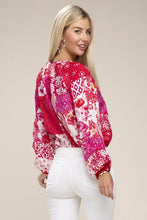Load image into Gallery viewer, Patchwork Print Tie Neck Blouse
