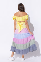 Load image into Gallery viewer, OFF SHOULDER PLEATED CROP TOP WITH BACK RIBBON TIE
