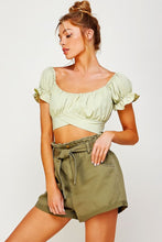 Load image into Gallery viewer, OFF SHOULDER PLEATED CROP TOP WITH BACK RIBBON TIE
