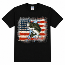 Load image into Gallery viewer, Patriotic Bass Fishing T-Shirt | American Flag Largemouth Bass Graphic Tee | USA Fisherman Gift
