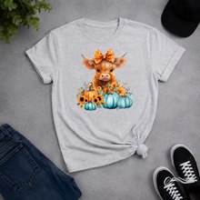Load image into Gallery viewer, Highland cow pumpkin graphic tee with blue pumpkins and sunflowers
