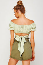 Load image into Gallery viewer, OFF SHOULDER PLEATED CROP TOP WITH BACK RIBBON TIE
