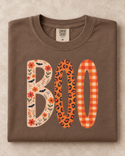 Load image into Gallery viewer, BOO Halloween Comfort Colors graphic tee with leopard floral and orange check lettering
