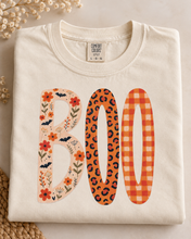 Load image into Gallery viewer, BOO Halloween Comfort Colors graphic tee with leopard floral and orange check lettering
