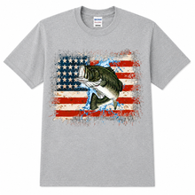 Load image into Gallery viewer, Patriotic Bass Fishing T-Shirt | American Flag Largemouth Bass Graphic Tee | USA Fisherman Gift
