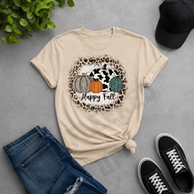 Load image into Gallery viewer, Happy Fall cow print pumpkin graphic tee with leopard and teal pumpkins
