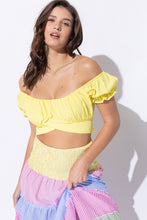 Load image into Gallery viewer, OFF SHOULDER PLEATED CROP TOP WITH BACK RIBBON TIE
