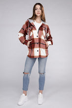 Load image into Gallery viewer, Plaid Drawstring Hooded Fleece Shacket
