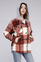 Load image into Gallery viewer, Plaid Drawstring Hooded Fleece Shacket
