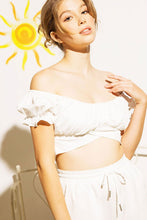 Load image into Gallery viewer, OFF SHOULDER PLEATED CROP TOP WITH BACK RIBBON TIE
