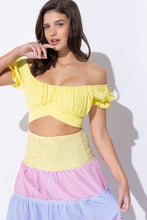 Load image into Gallery viewer, OFF SHOULDER PLEATED CROP TOP WITH BACK RIBBON TIE
