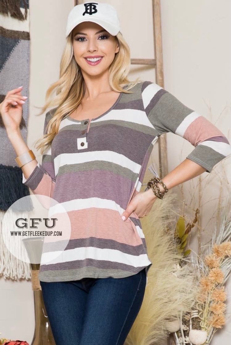 Olive/Mocha 3/4 sleeve stripped Top
