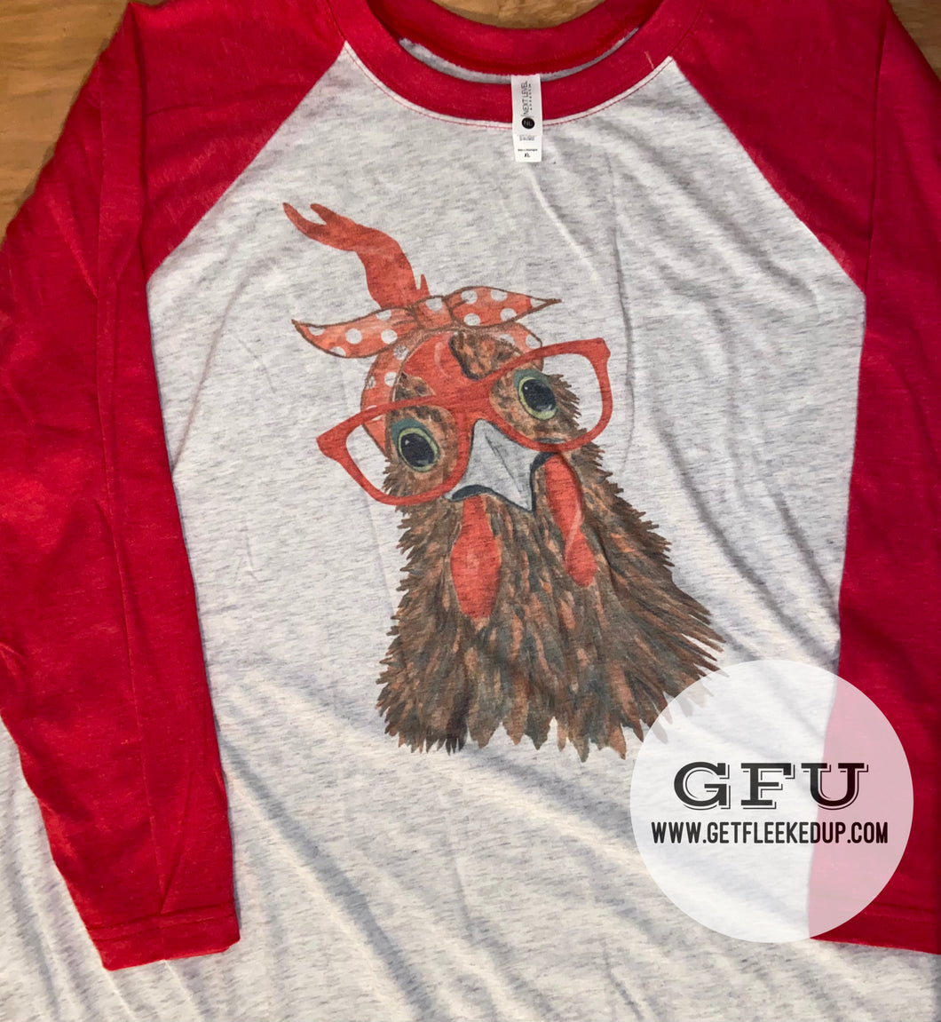 Red Chicken with glasses raglan